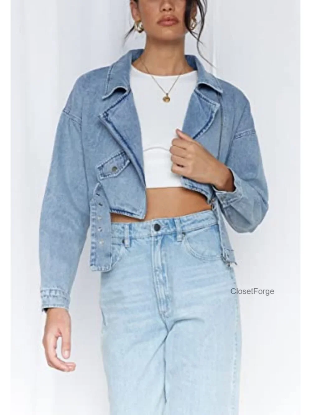 Women's Boyfriend Denim Blazer Jacket with Belt and Zipper Closure